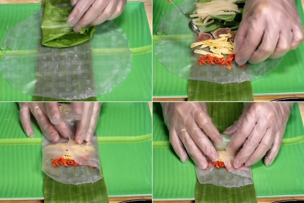 Cẩn thận cuốn phần nhân bò bía vào bên trong bánh tráng